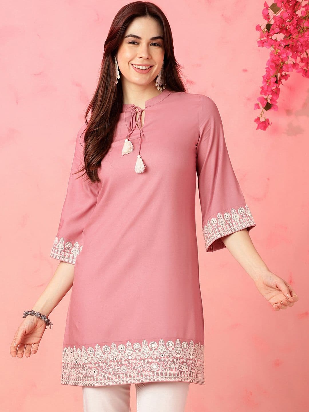 Anouk X fwd Pink Floral Embroidered Tie-Up Neck Mirror Work A-Line Kurta - view 1