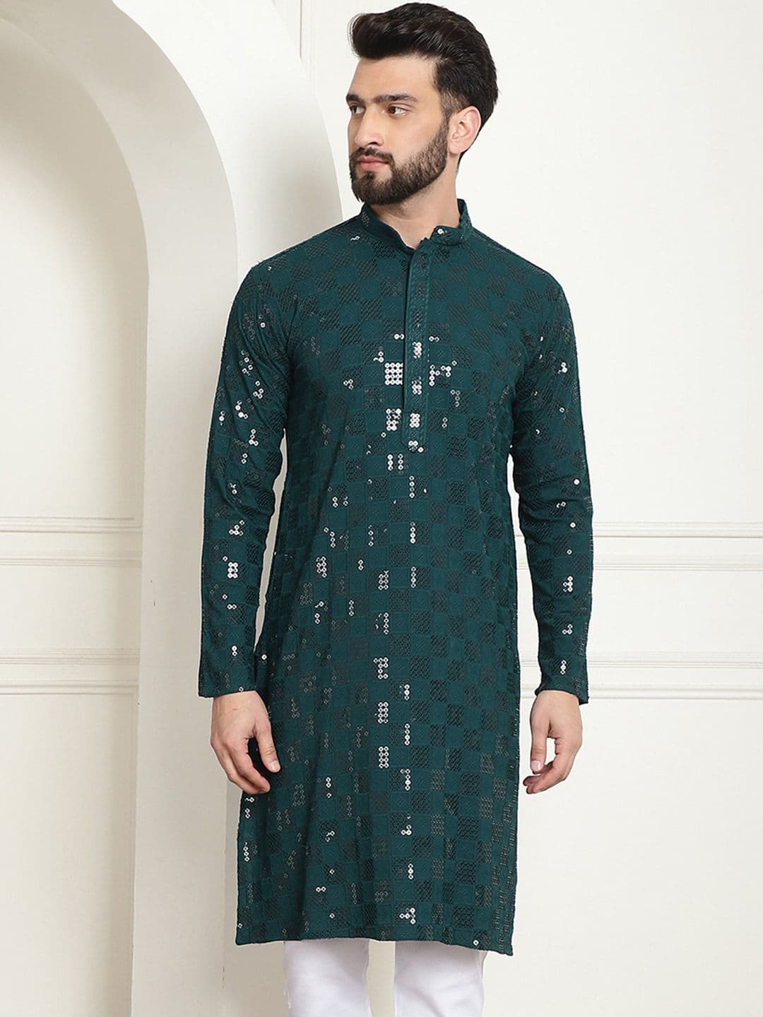 SOJANYA Geometric Embroidered Sequinned Pure Cotton Kurta - view 1