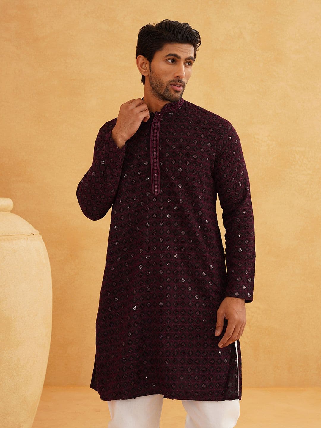 SOJANYA Ethnic Motifs Embroidered Mandarin Collar Sequined Pure Cotton Straight Kurta - view 1