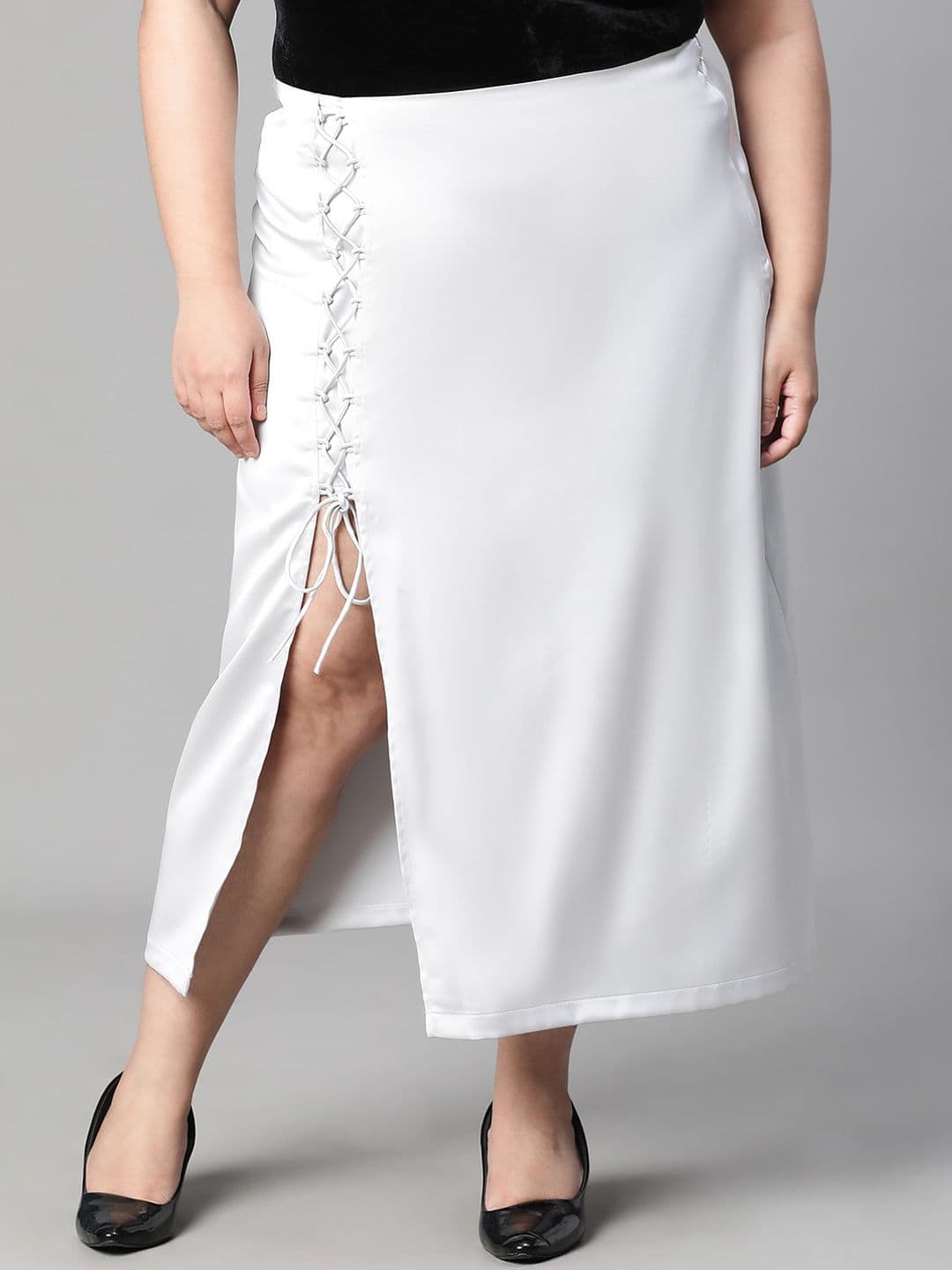 Oxolloxo Plus Size Zig-zag String Detailed Plus Size Satin Midi Skirt - view 1