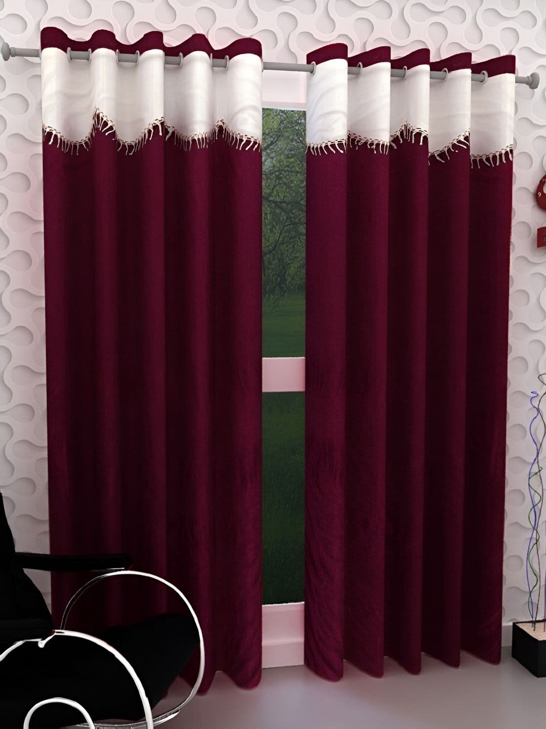 Panipat Textile Hub Maroon & White 2 Pcs Door Curtain - view 1
