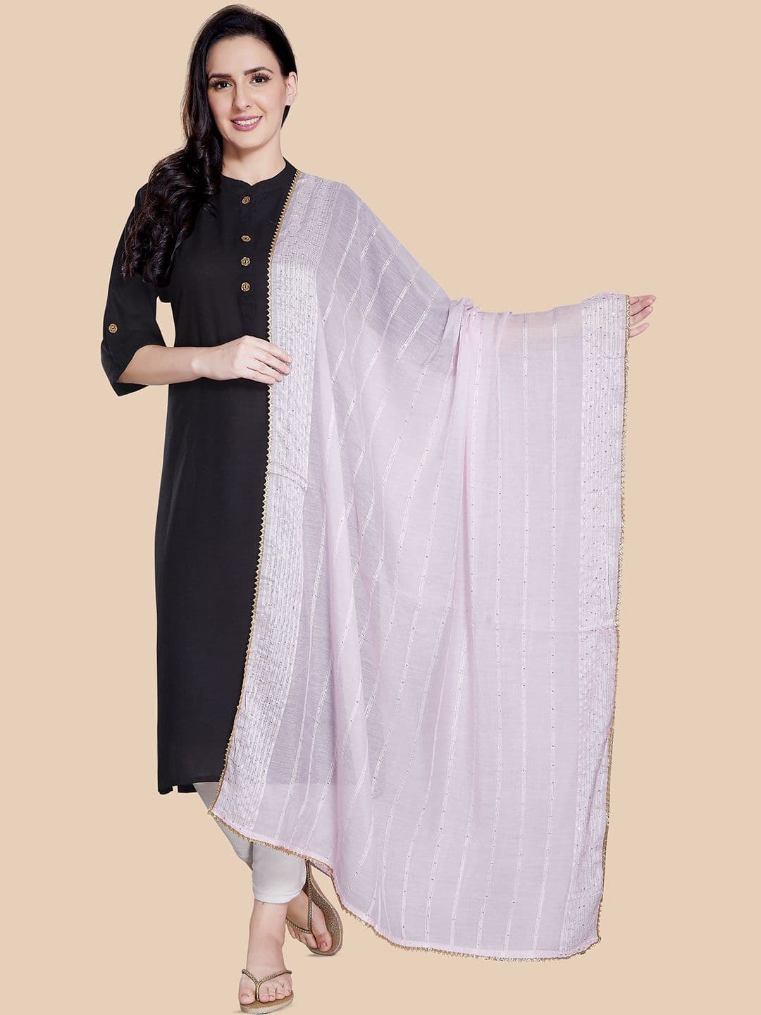 Rani Saahiba Striped Embroidered Sequinned Cotton Dupatta - view 1
