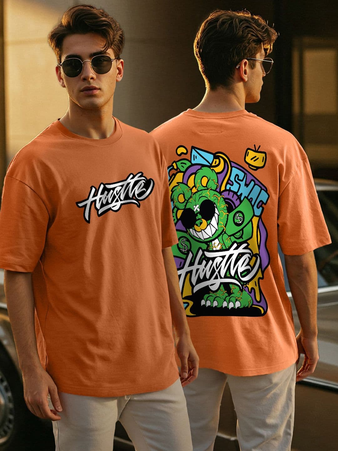 VEIRDO Round Neck Short Sleeves Graphic Printed Pure Cotton Cotton Oversized T-shirt - view 1