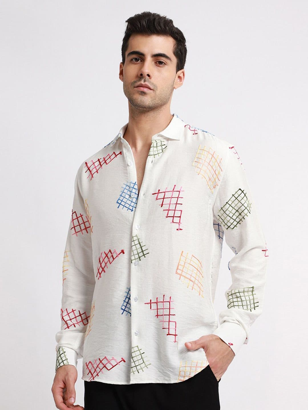 Banana Club Relaxed Slim Fit Geometric Embroidered Casual Shirt - view 1
