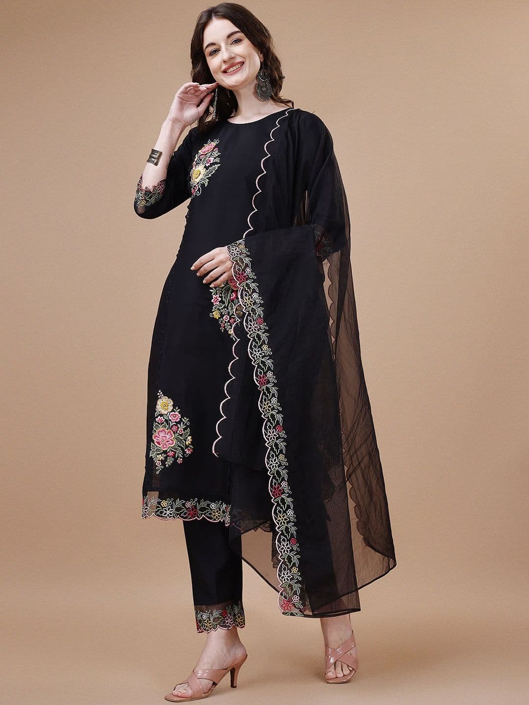 KALINI Women Floral Embroidered Regular Thread Work Chanderi Cotton Kurta with Trousers & With Dupatta - view 1