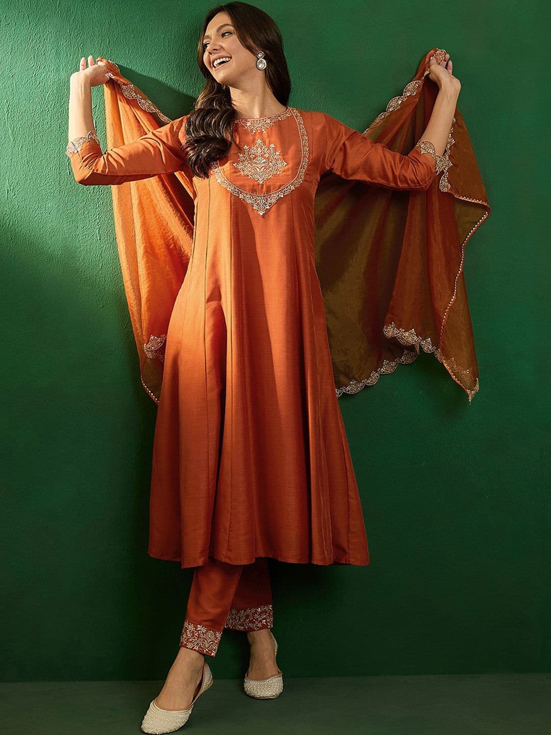 Sangria Embroidered Boat-Neck Kurta With Trousers & Dupatta - view 1