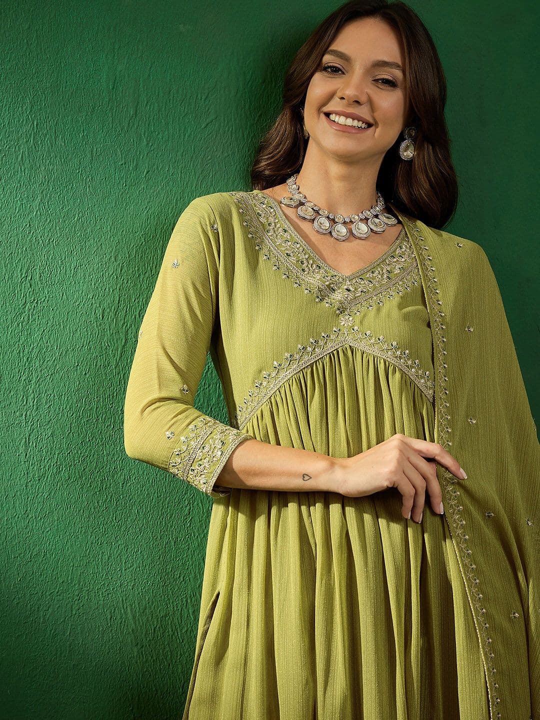 Sangria Alia Cut Embroidered V-Neck Kurta With Trousers & Dupatta - view 1