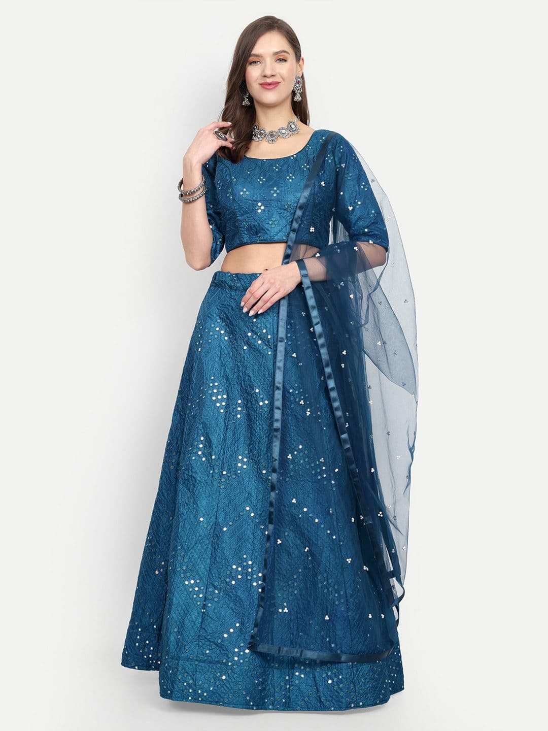 Cute fellow Embroidered Sequinned Semi-Stitched Lehenga & Unstitched Blouse With Dupatta - view 1