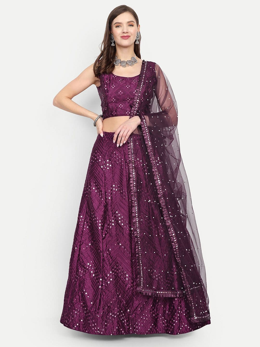 Cute fellow Embroidered Sequinned Semi-Stitched Lehenga & Unstitched Blouse With Dupatta - view 1
