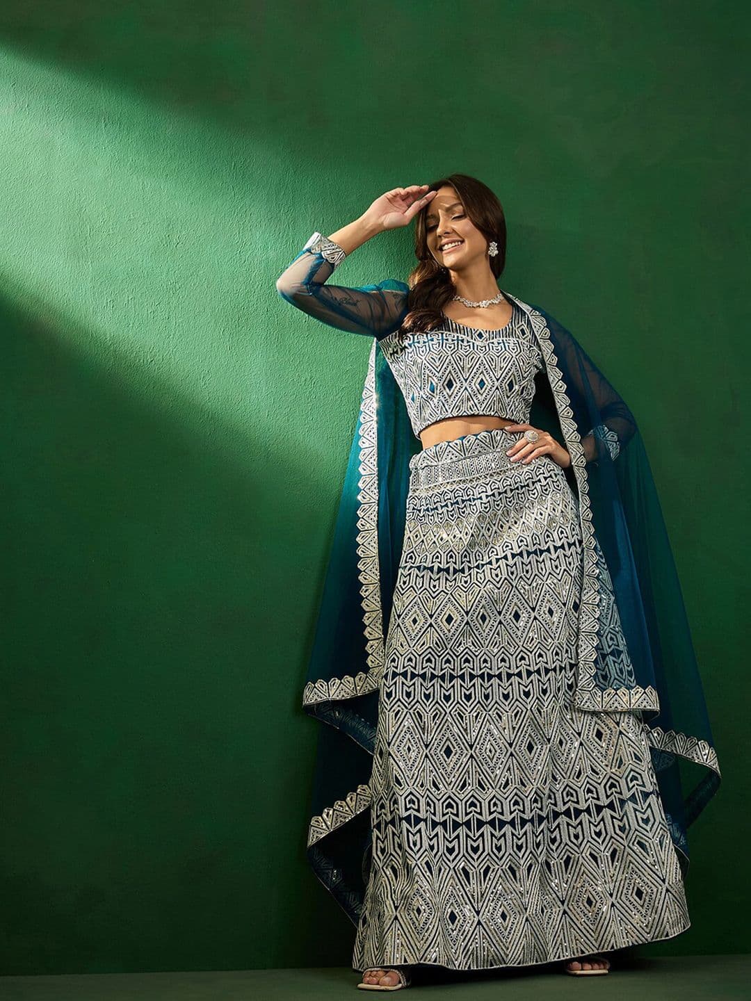 Sangria Sequined Embroidered Semi-Stitched Lehenga With Choli & Dupatta - view 1