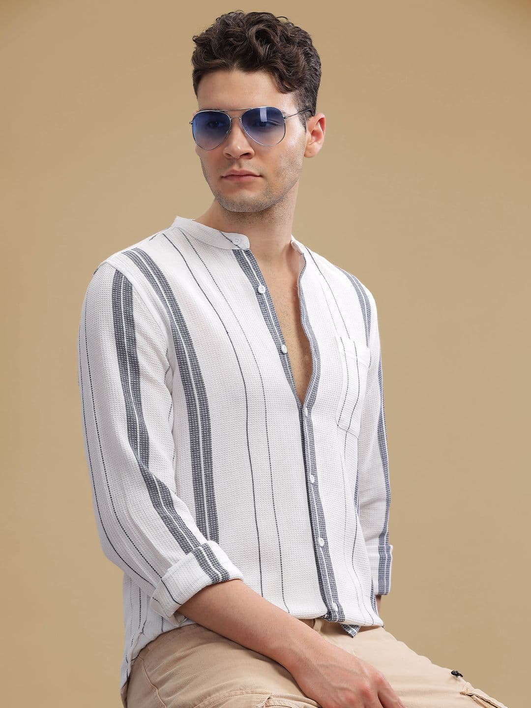 HERE&NOW White Striped Cotton Mandarin Collar Curved Slim Fit Casual Shirt - view 1