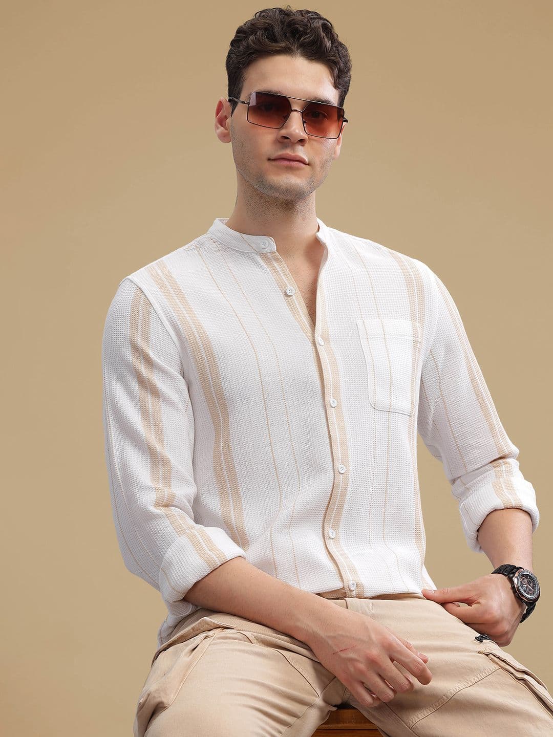 HERE&NOW Slim Fit Striped Mandarin Collar Cotton Casual Shirt - view 1
