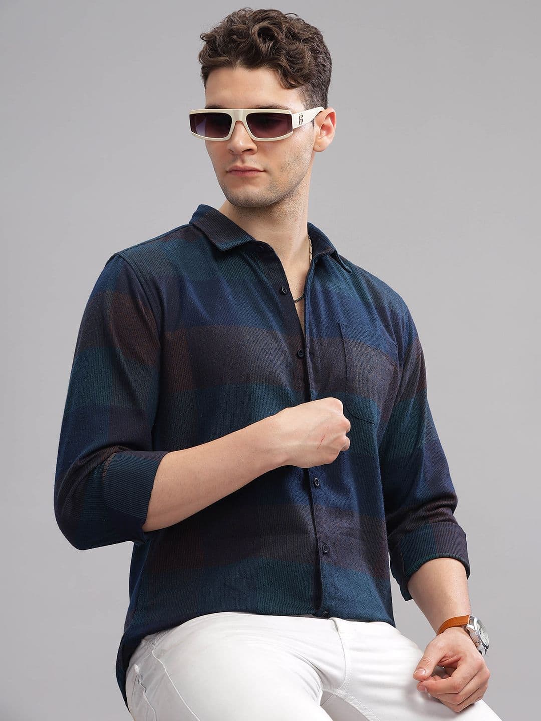 HERE&NOW Slim Fit Tartan Checked Spread Collar Long Sleeves Casual Shirt - view 1