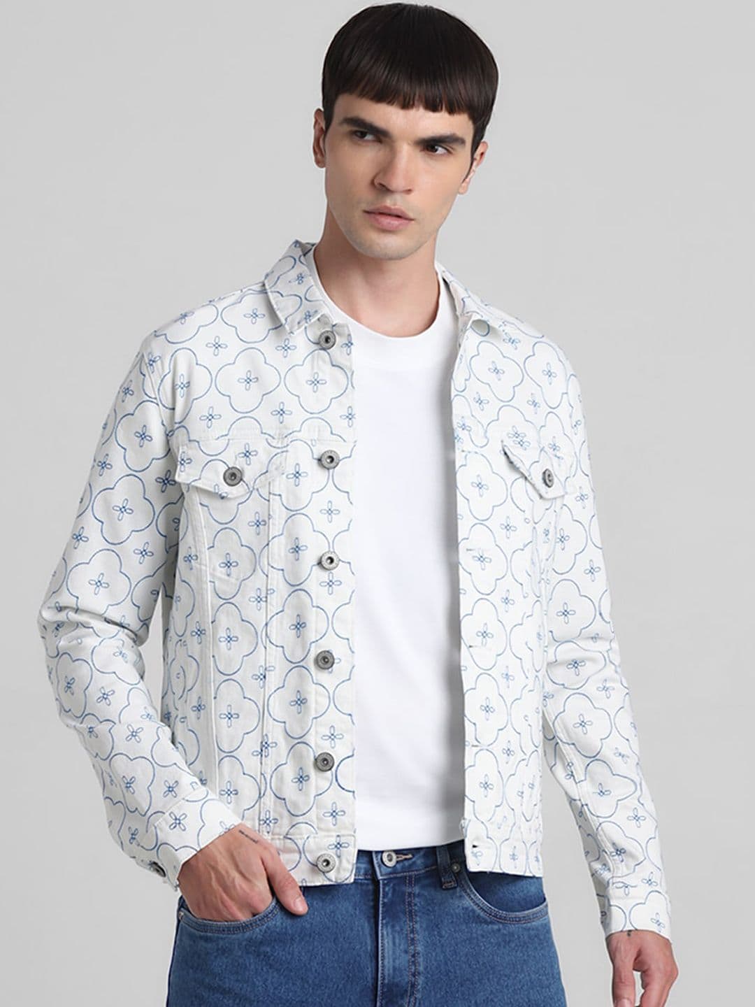 Jack & Jones Geometric Printed Spread Collar Denim Jacket - view 1