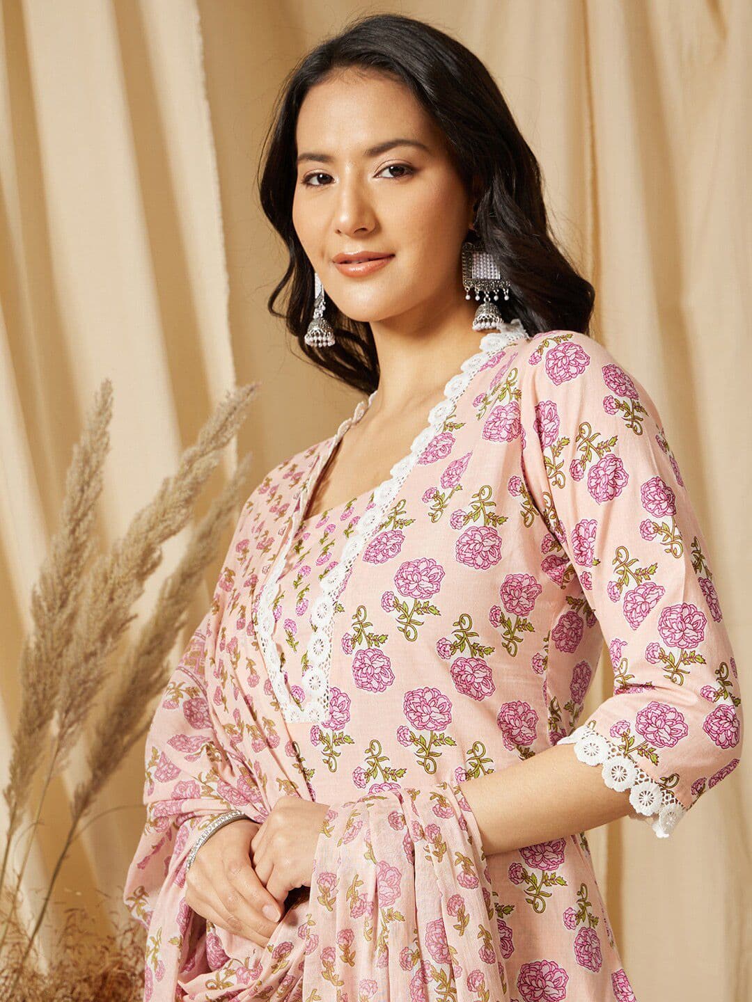 Ginni Arora Label Ethnic Motifs Printed V-Neck Pure Cotton Kurta with Trousers & Dupatta - view 1