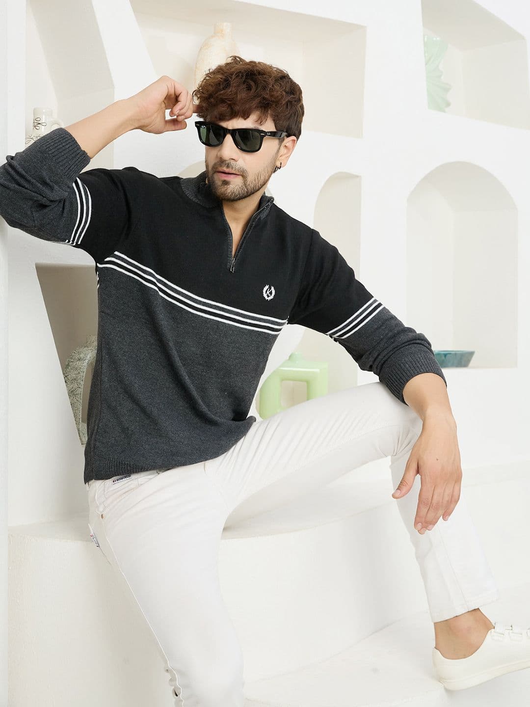 KVETOO Striped Turtle Neck Half Zipper Acrylic Pullover Sweater