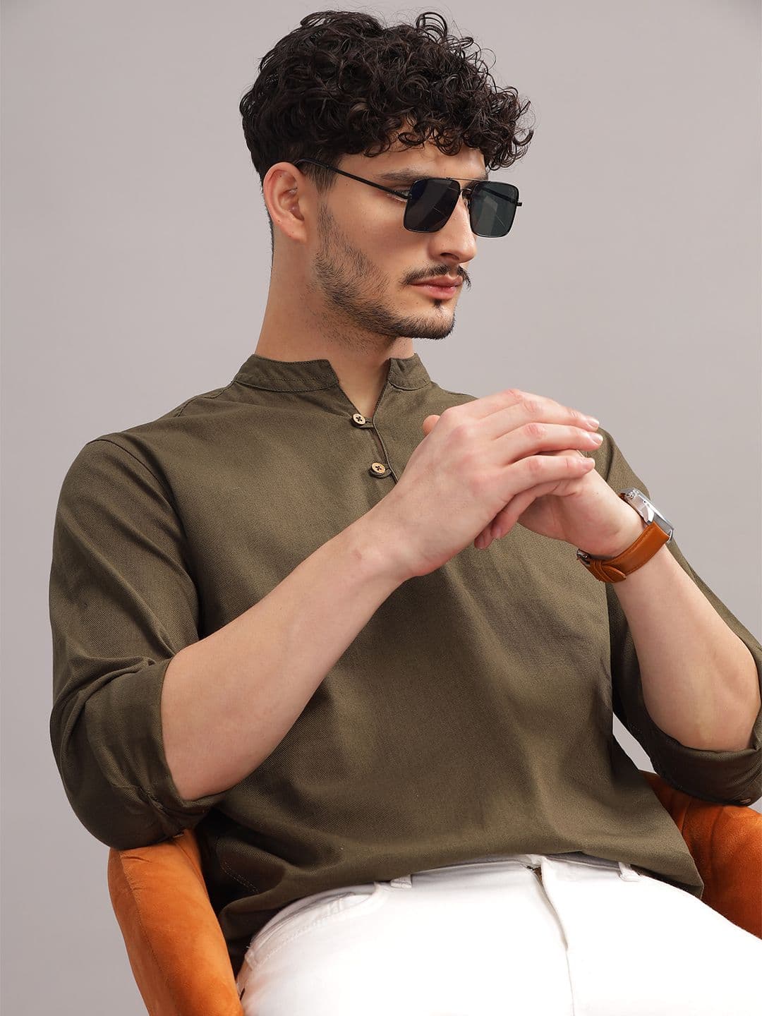 HERE&NOW Cotton Mandarin Collar Casual Shirt - view 1