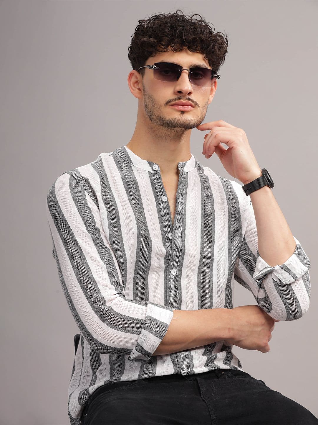 HERE&NOW Slim Fit Vertical Stripes Mandarin Collar Cotton Casual Shirt - view 1
