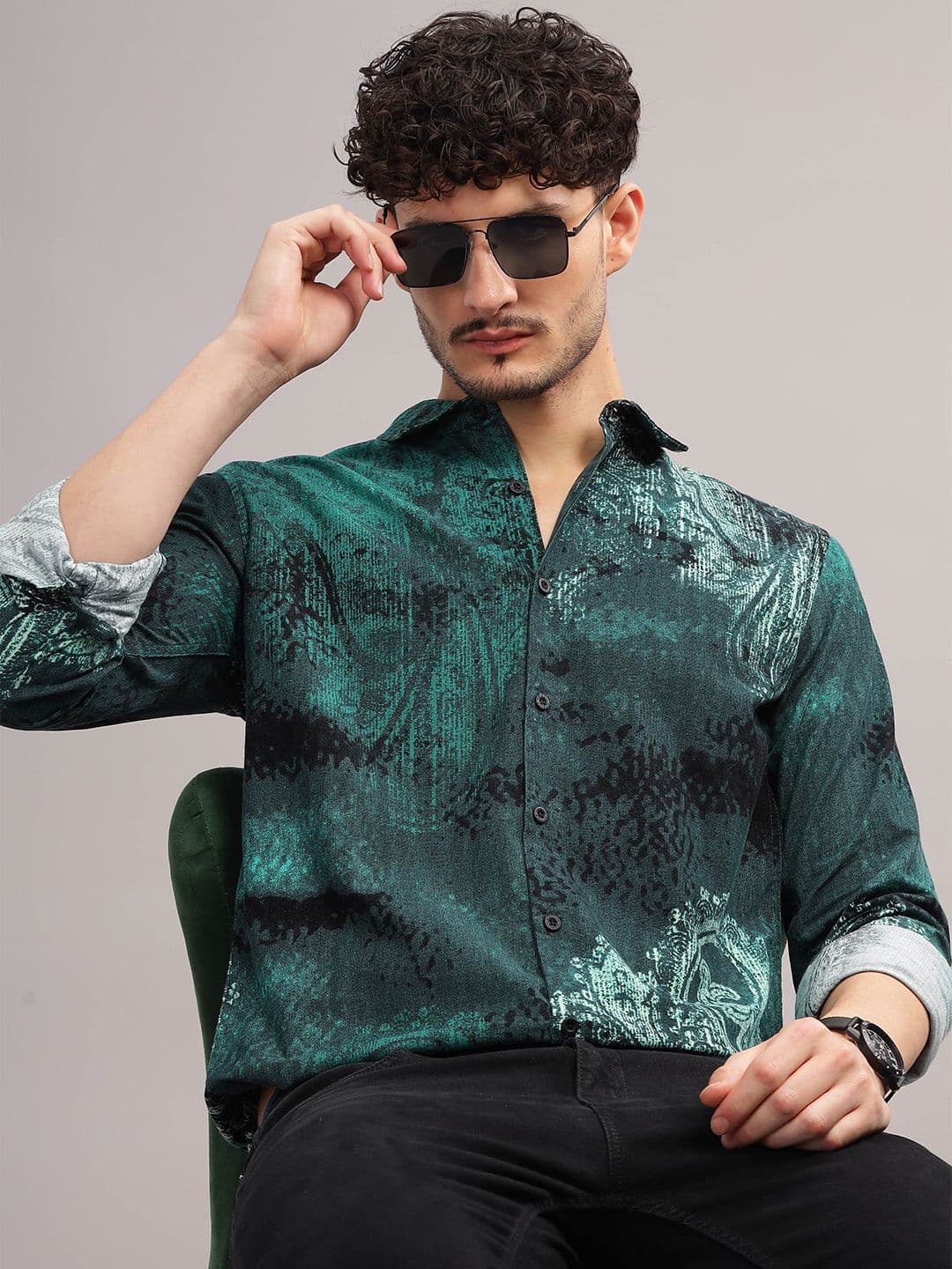 HERE&NOW Slim Fit Abstract Printed Mandarin Collar Cotton Casual Shirt - view 1