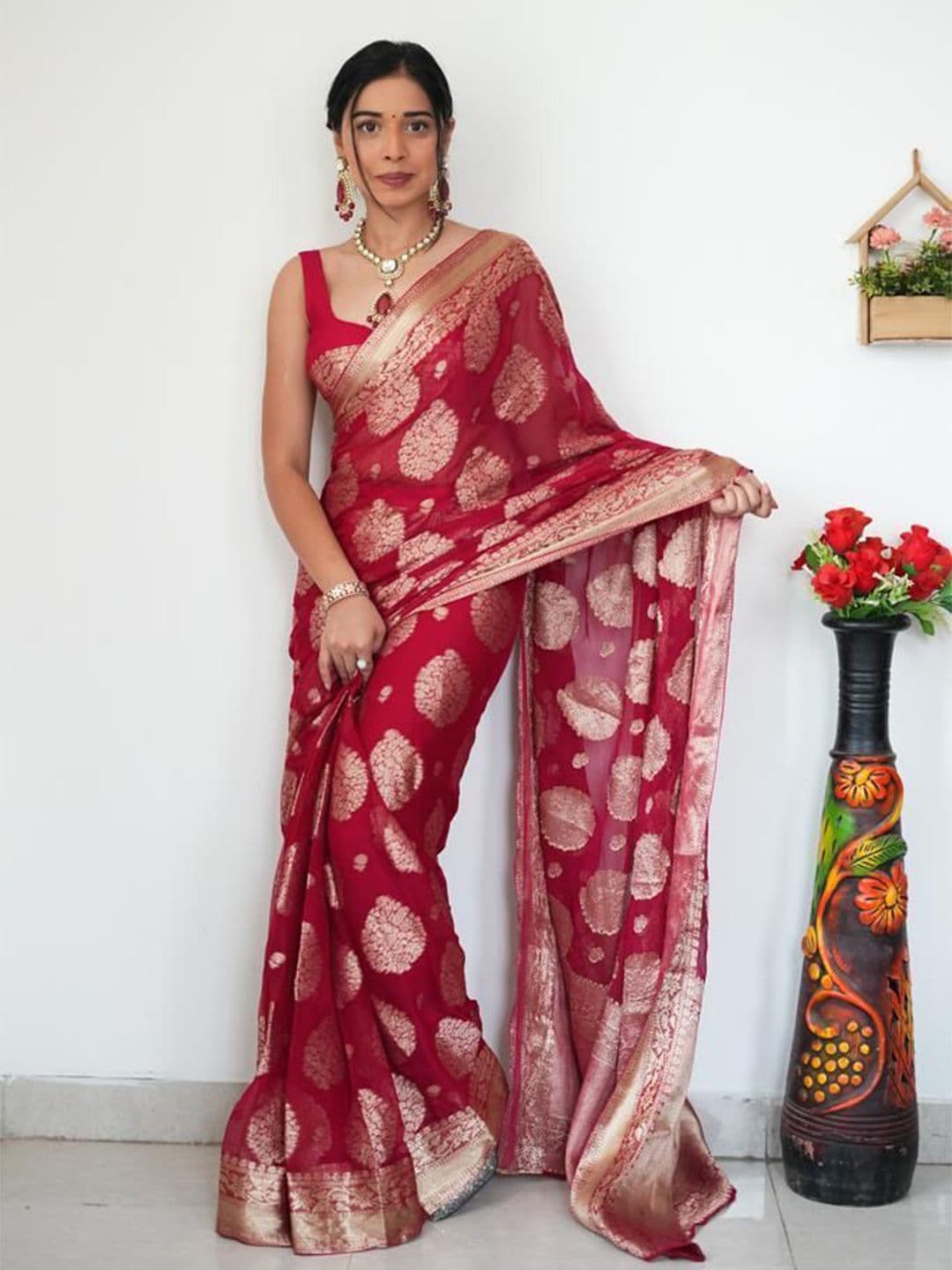 HERE&NOW Woven Design Zari Linen Blend Ready to Wear Saree - view 1