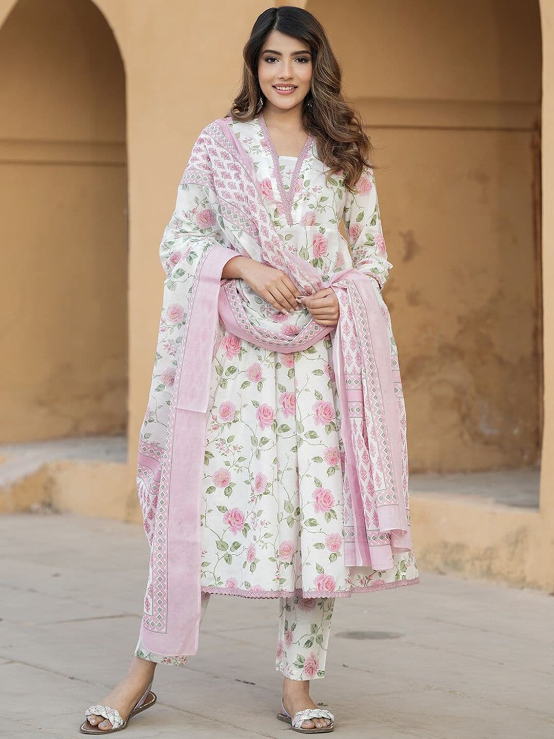 KALINI Women Floral Printed Regular Thread Work Pure Cotton Kurta with Trousers & Dupatta - view 1