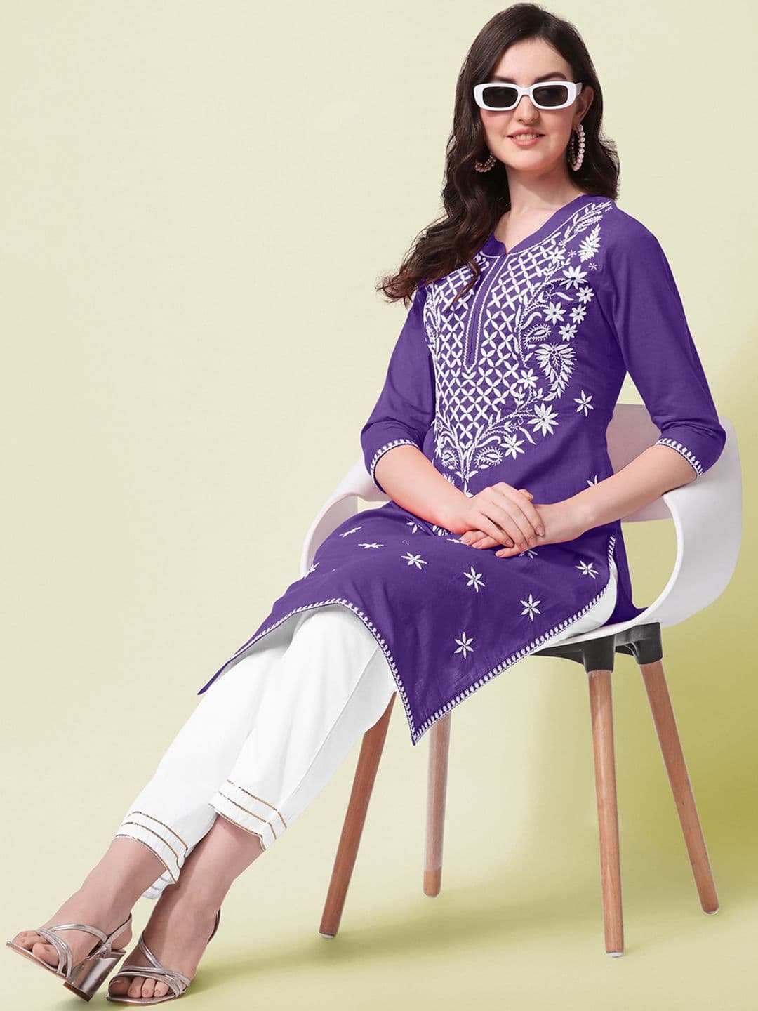 KALINI Ethnic Motifs Embroidered Round Neck Three-Quarter Sleeves Pure Cotton Kurta Set - view 1