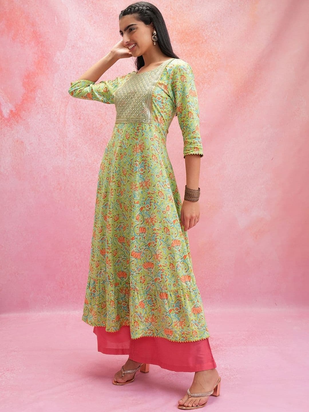Vishudh Green Floral Printed Round Neck Mirror Work Panelled Anarkali Kurta - view 1