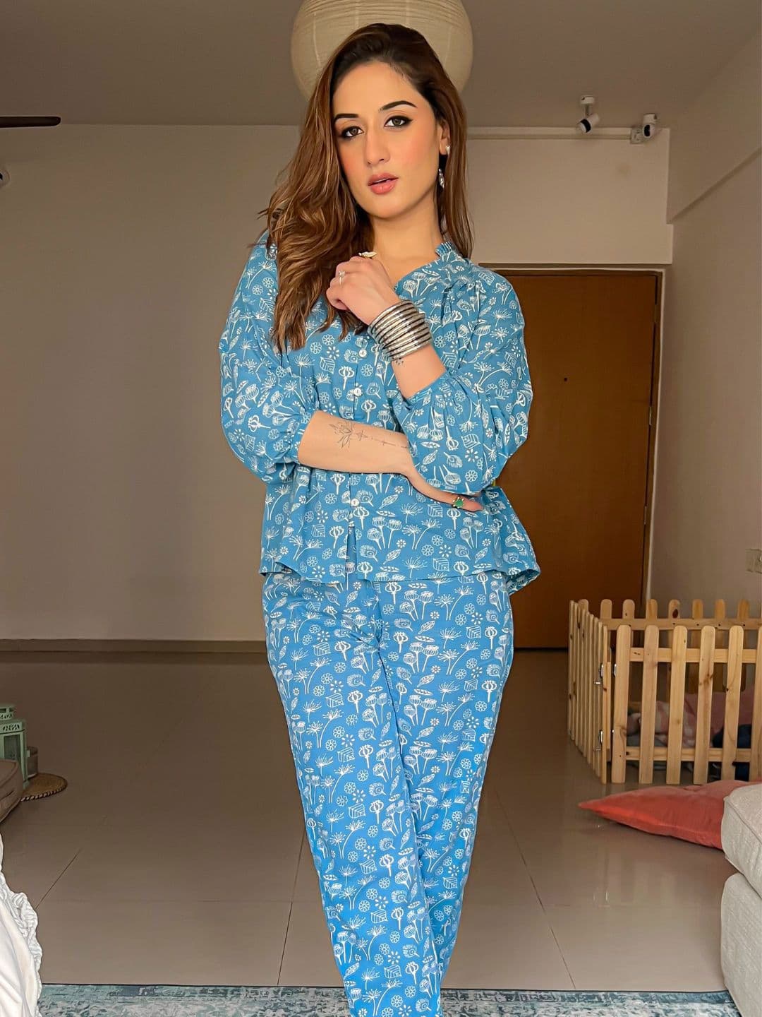 SANSKRUTIHOMES Blue Printed Pure Cotton Top With Trousers - view 1