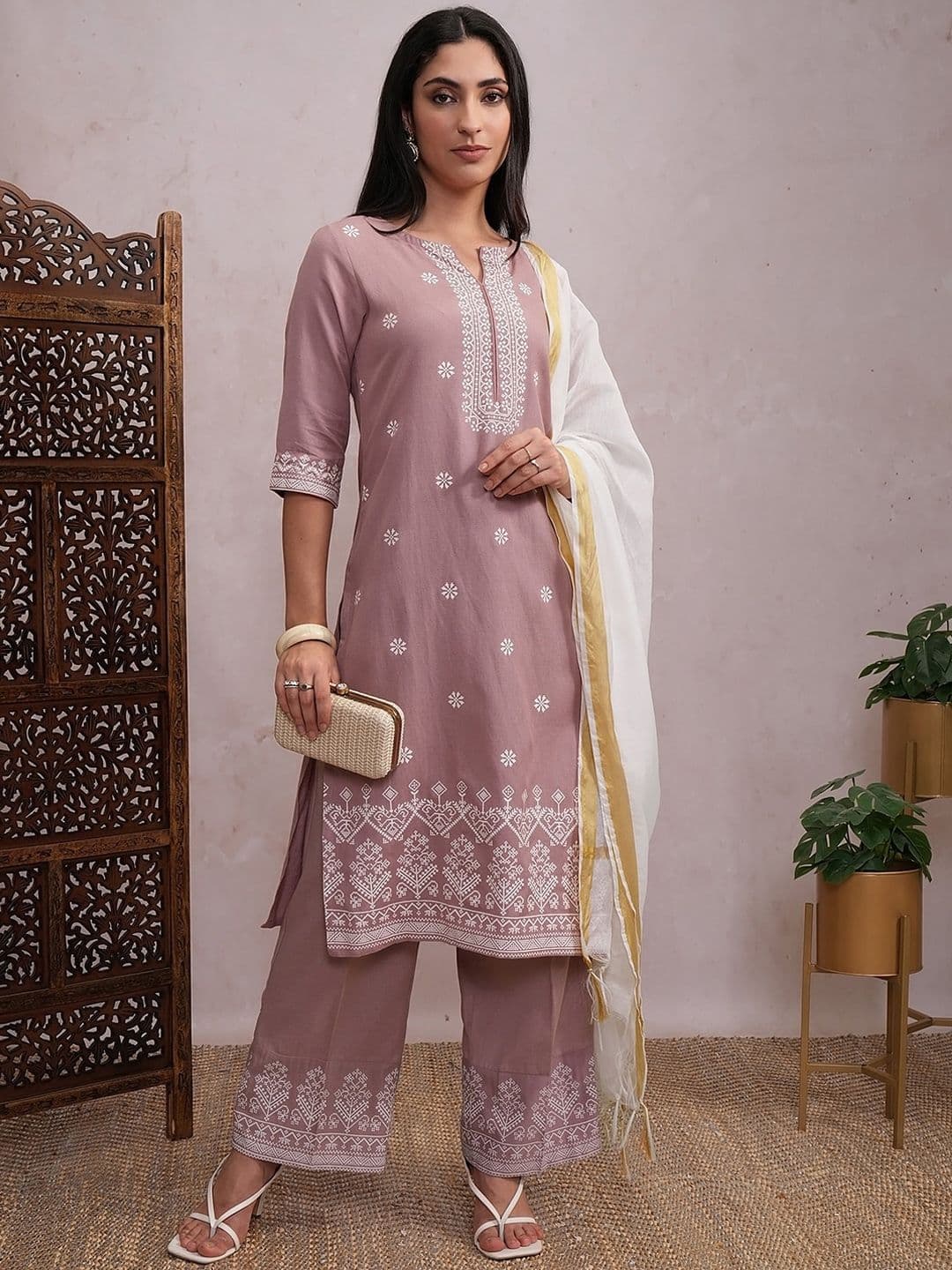 Vishudh Rose Coloured Ethnic Motifs Printed Straight Kurta with Palazzos & Dupatta - view 1