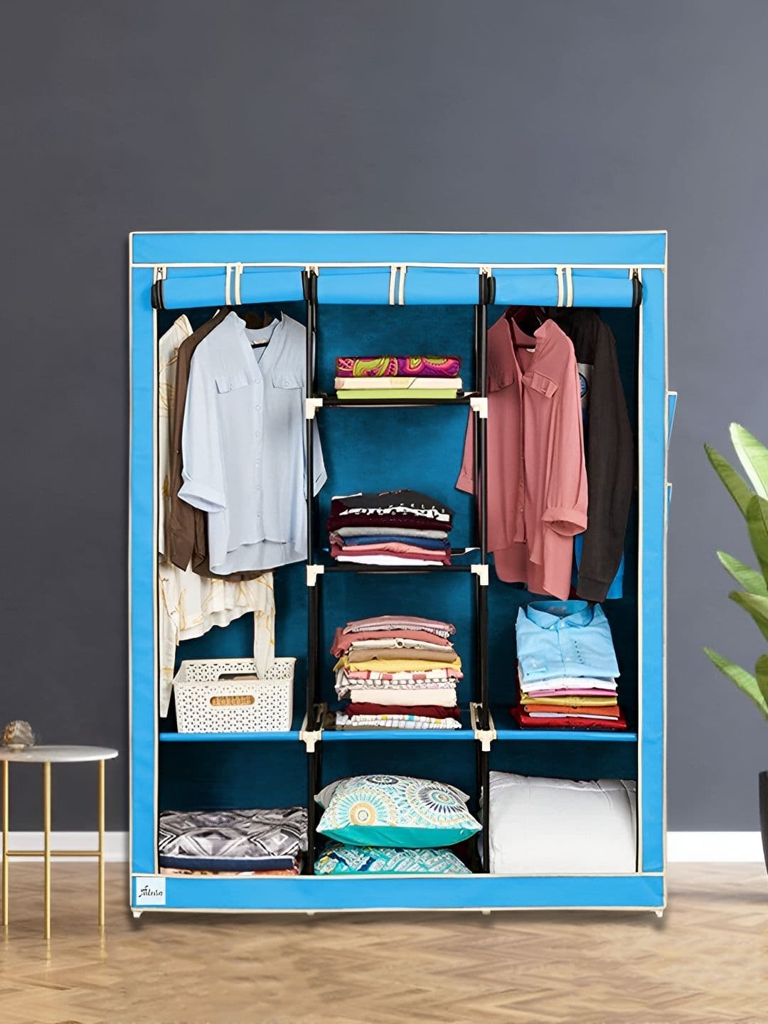 Pamworld Blue 8 Shelf & Hanging Compartment Triple Door Collapsible Wardrobe - view 1