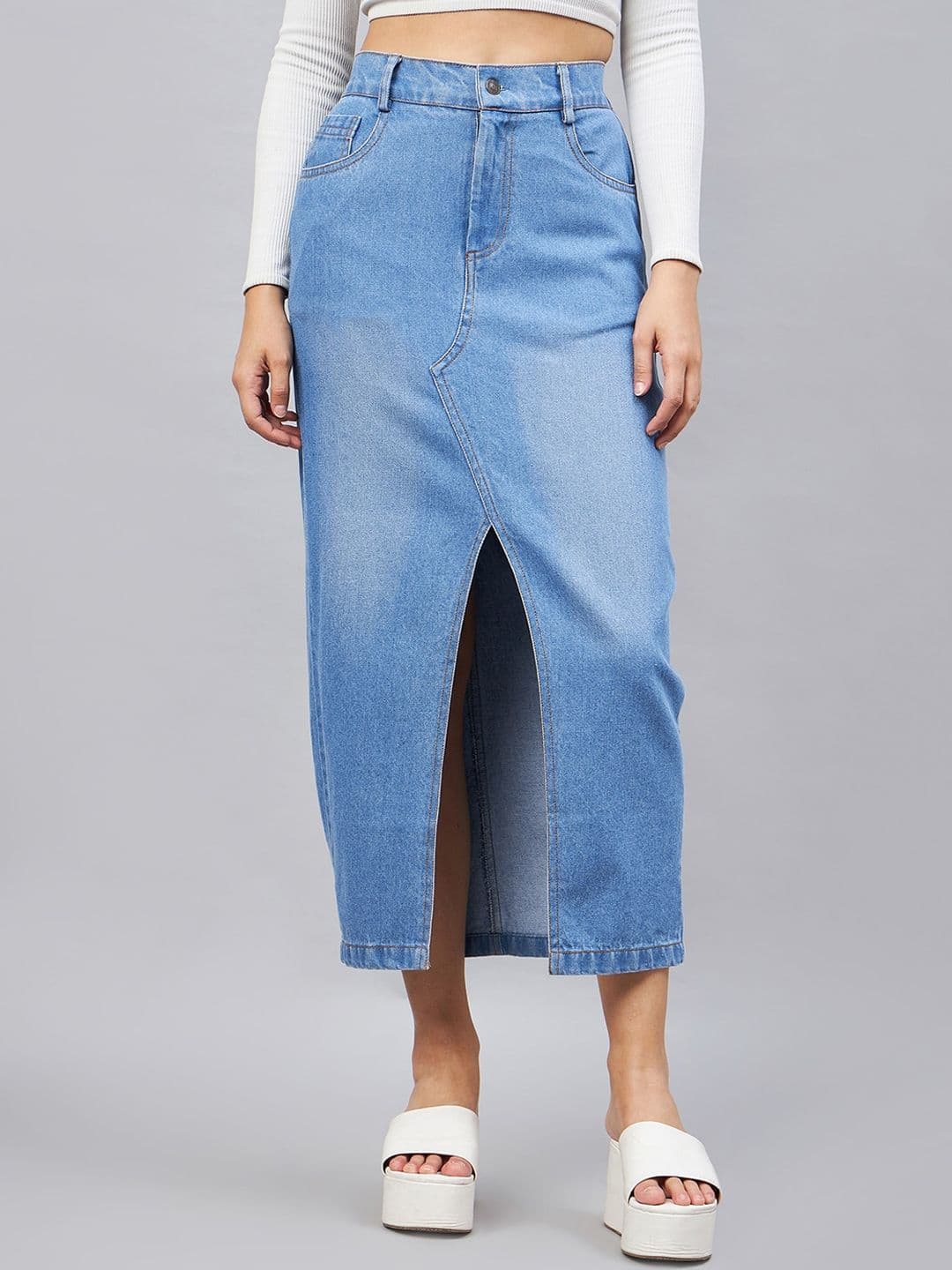 Orchid Blues Front Slit Denim Straight Midi Skirt - view 1