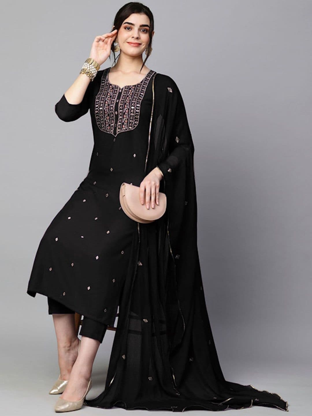 GoSriKi Women Ethnic Motifs Embroidered Regular Kurta With Trousers & Dupatta - view 1