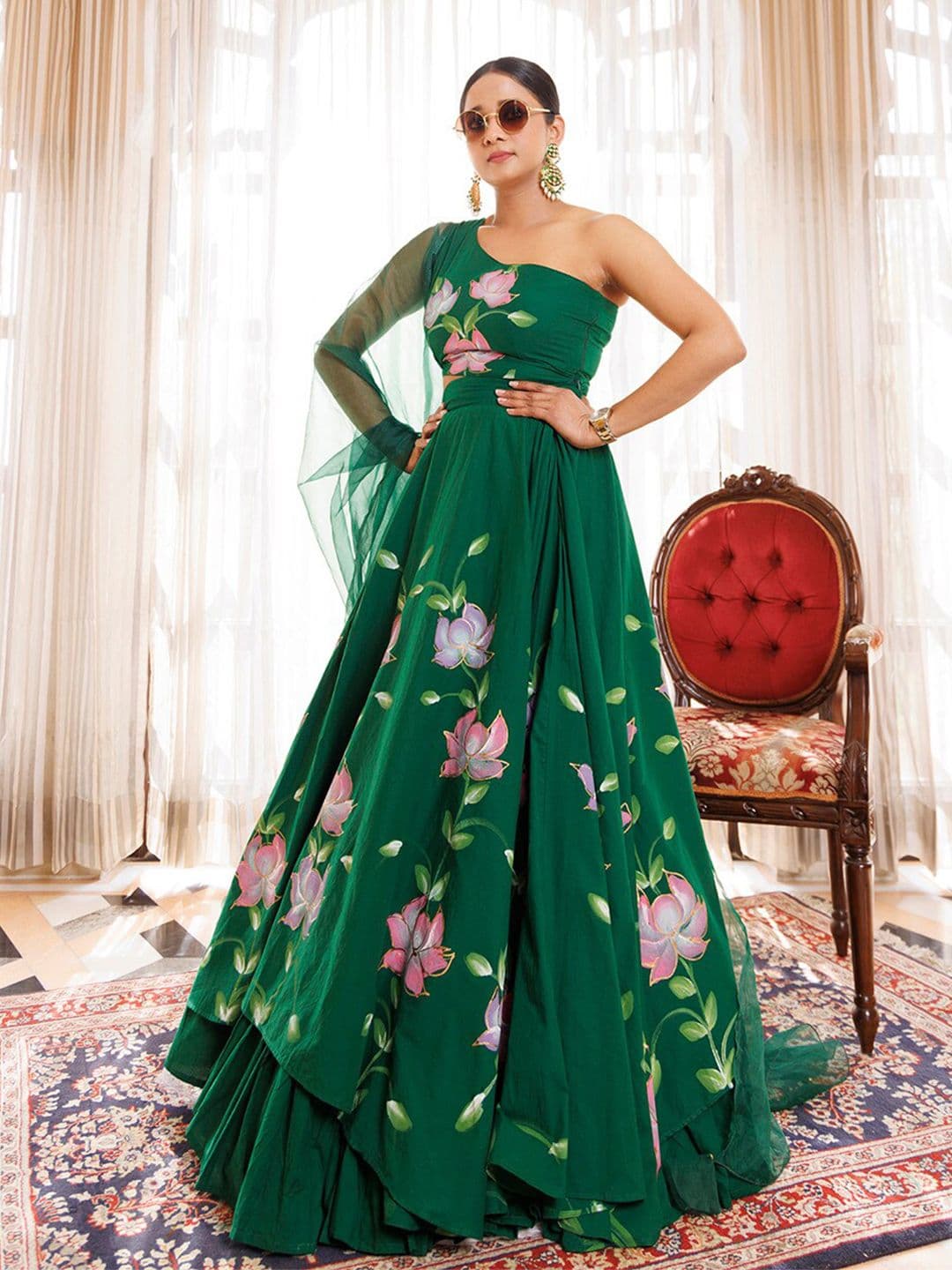 Ragavi Printed One Shoulder Cotton Ready to Wear Lehenga & Blouse With Dupatta - view 1