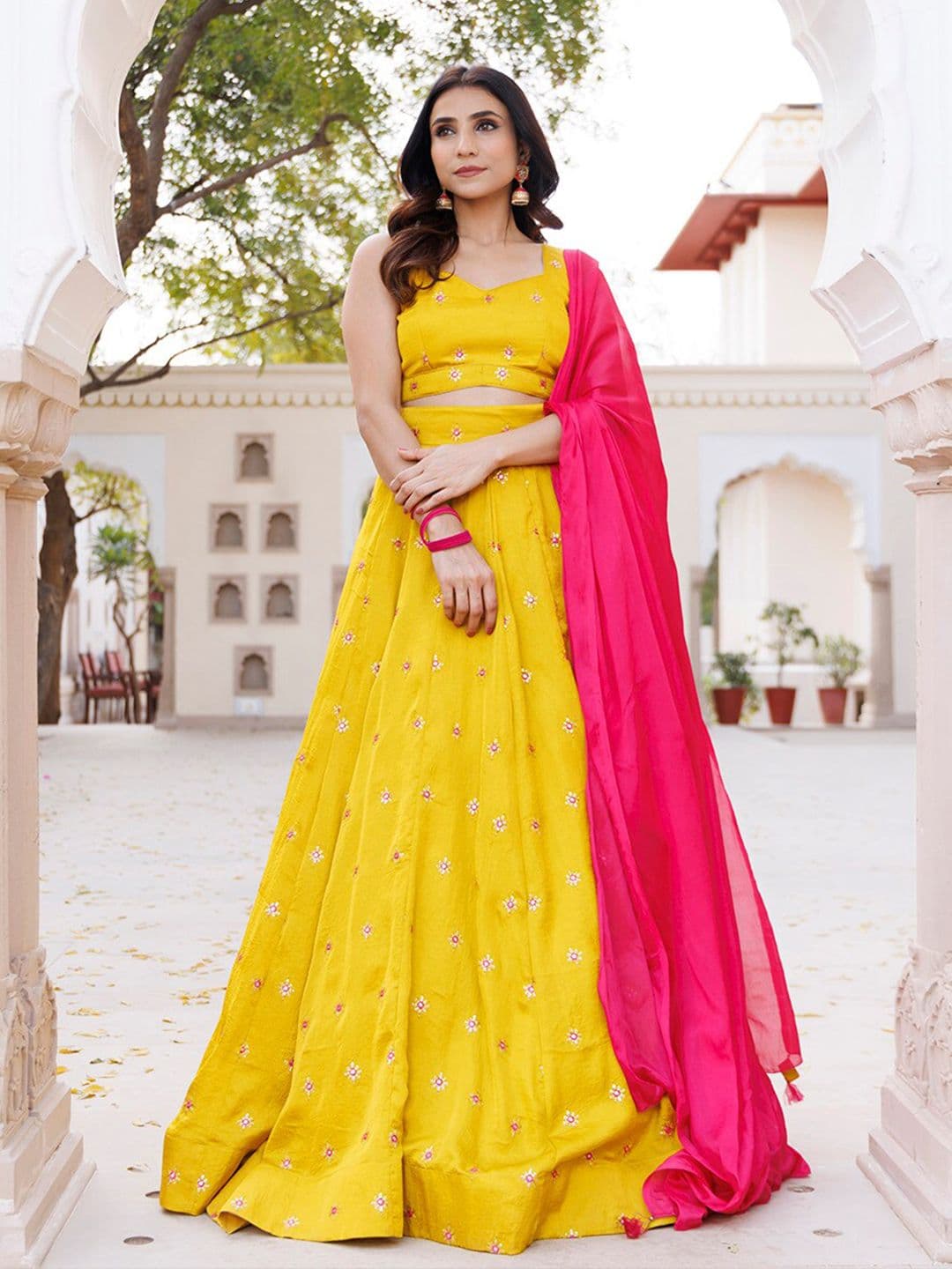 Ragavi Floral Embroidered Mirror Work Ready to Wear Lehenga & Blouse With Dupatta - view 1