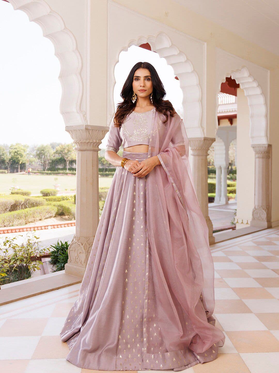 Ragavi Floral Embroidered Foil Print Ready to Wear Lehenga & Blouse With Dupatta - view 1