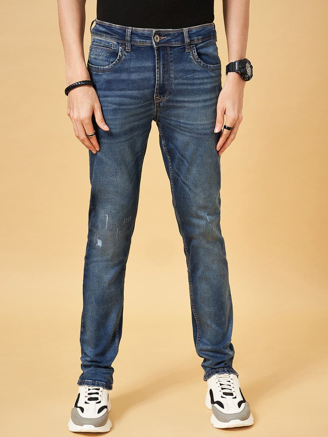 SF JEANS by Pantaloons Men Slim Fit Low Distress Light Fade Whiskers Stretchable Jeans - view 1