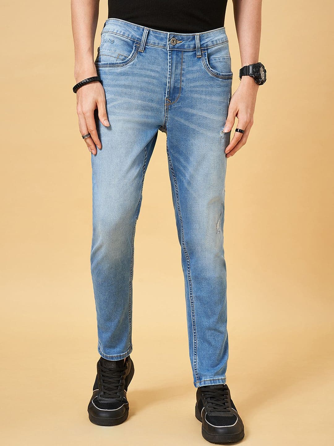 SF JEANS by Pantaloons Men Slim Fit Low Distress Light Fade Whiskers Stretchable Jeans - view 1