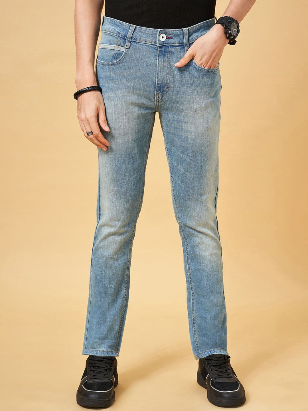 SF JEANS by Pantaloons Men Tapered Fit Clean Look Light Fade Whiskers Stretchable Jeans - view 1