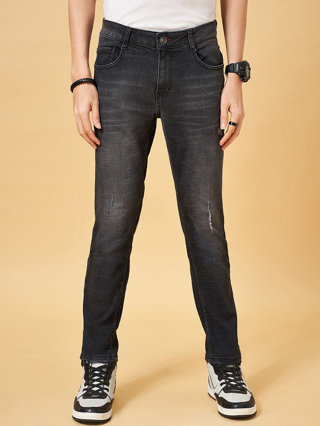 SF JEANS by Pantaloons Men Slim Fit Low Distress Light Fade Whiskers Stretchable Jeans - view 1