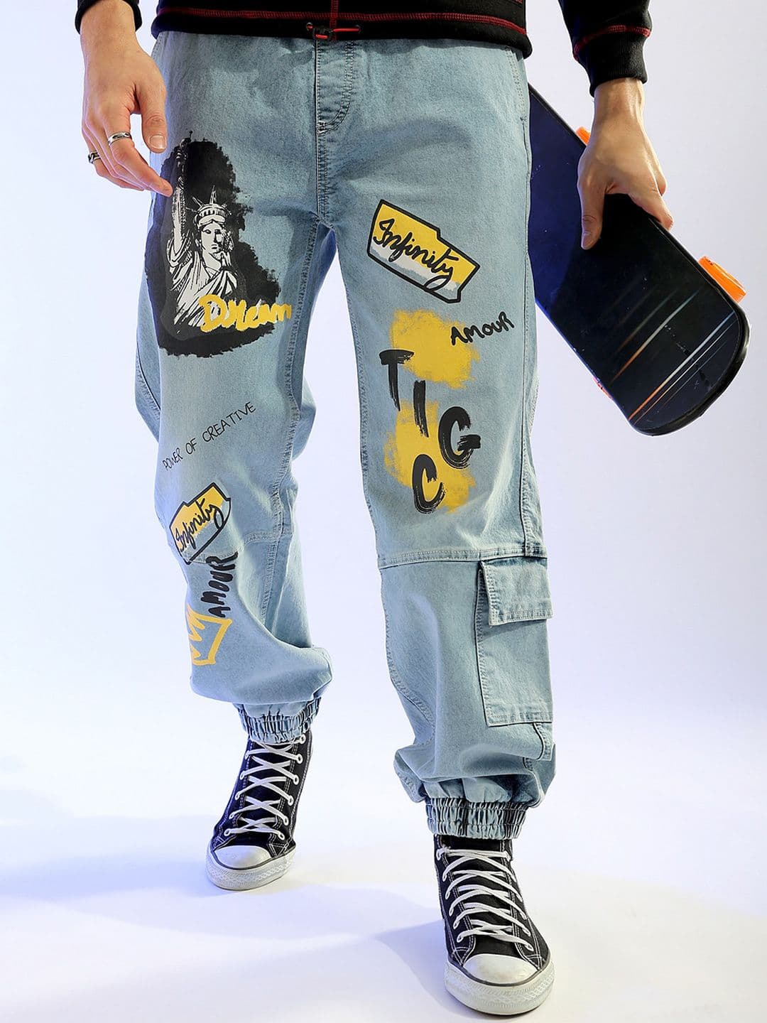 The Indian Garage Co Men Relaxed Fit Printed Heavy Fade Stretchable Jeans