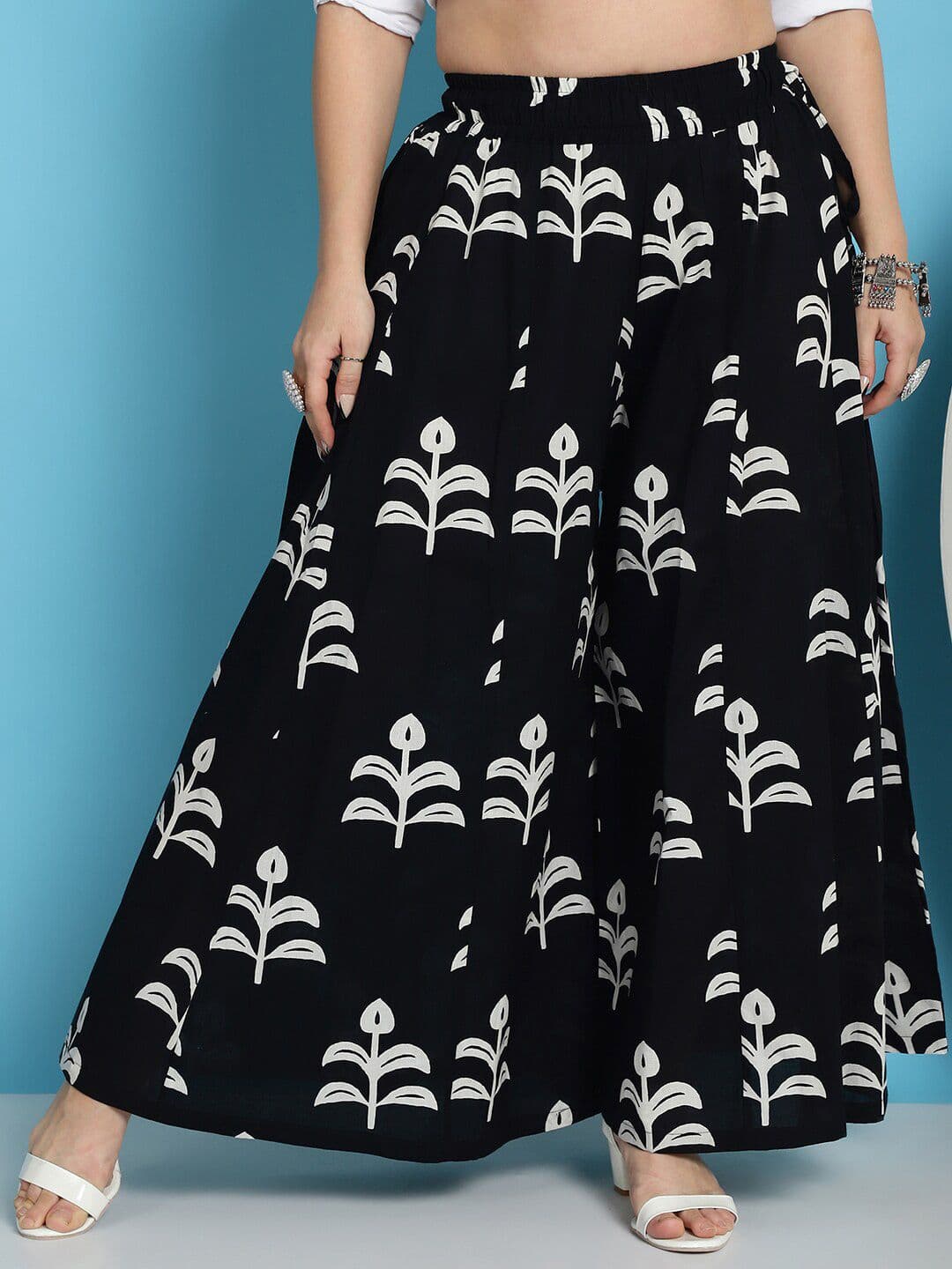 TAG 7 Floral Block Printed Flared Pure Cotton Ethnic Palazzos - view 1