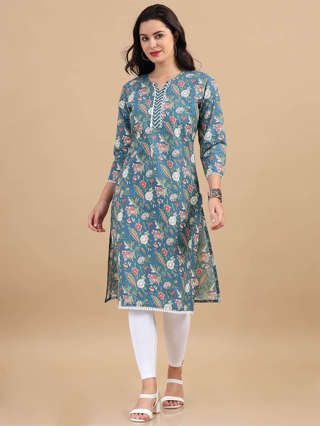 MIRAAN Floral Printed Pure Cotton Lace Straight Kurta - view 1