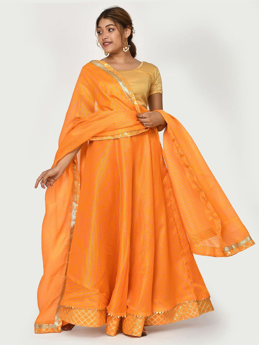 Kesarya Leheriya Printed Cotton Ready to Wear Lehenga & Unstitched Blouse With Dupatta - view 1