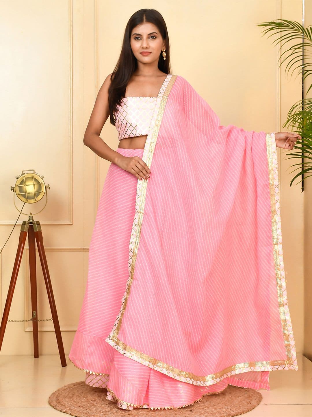 Kesarya Leheriya Printed Cotton Ready to Wear Lehenga & Unstitched Blouse With Dupatta - view 1
