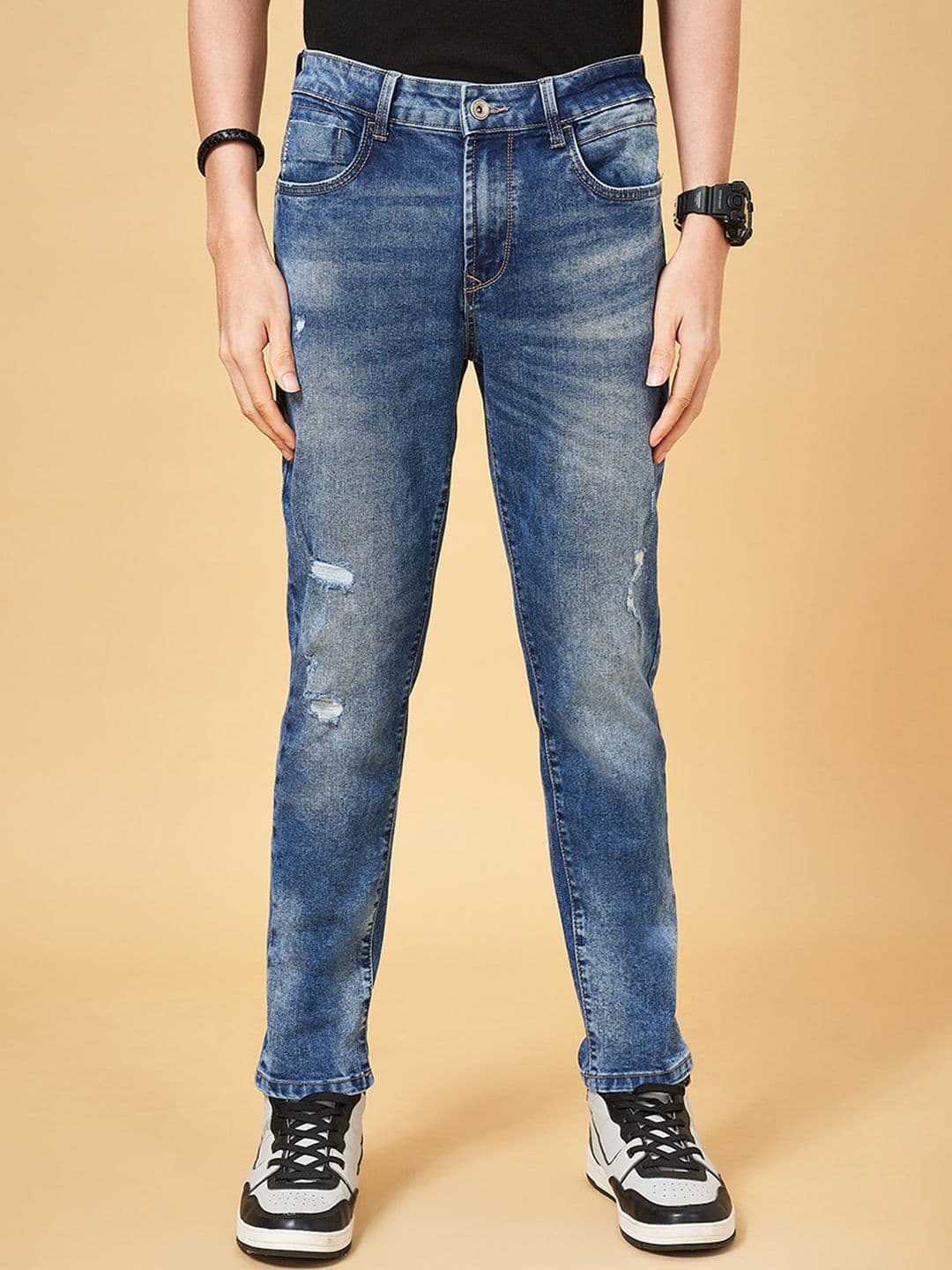 SF JEANS by Pantaloons Men Slim Fit Mildly Distressed Heavy Fade Stretchable Jeans - view 1