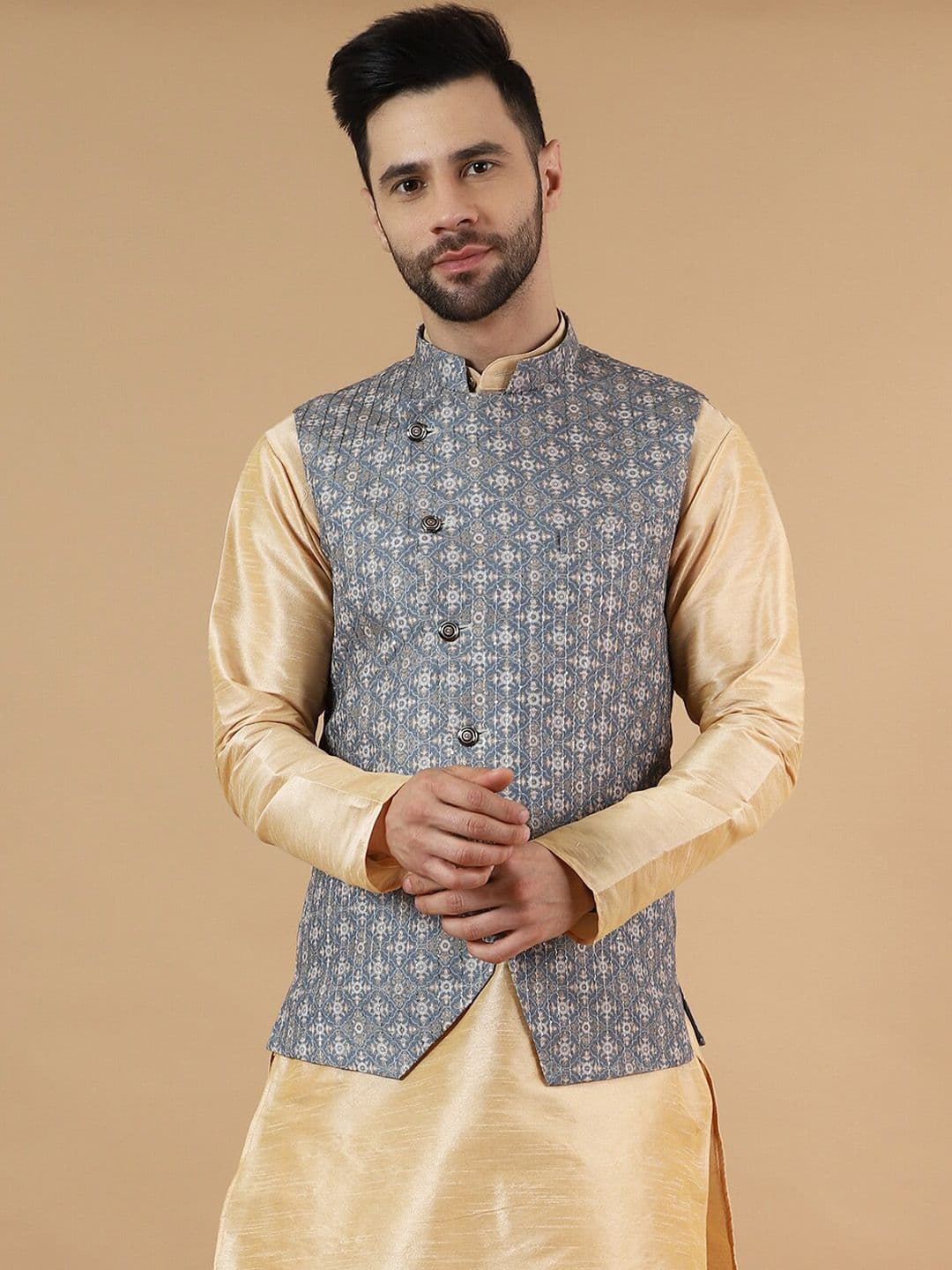 Wintage Printed Cotton Silk Nehru Jacket - view 1