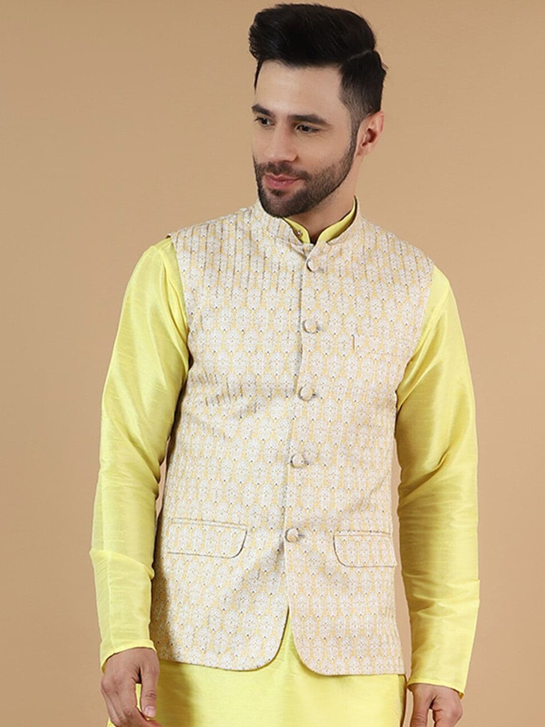 Wintage Floral Printed Cotton Silk Nehru Jacket - view 1