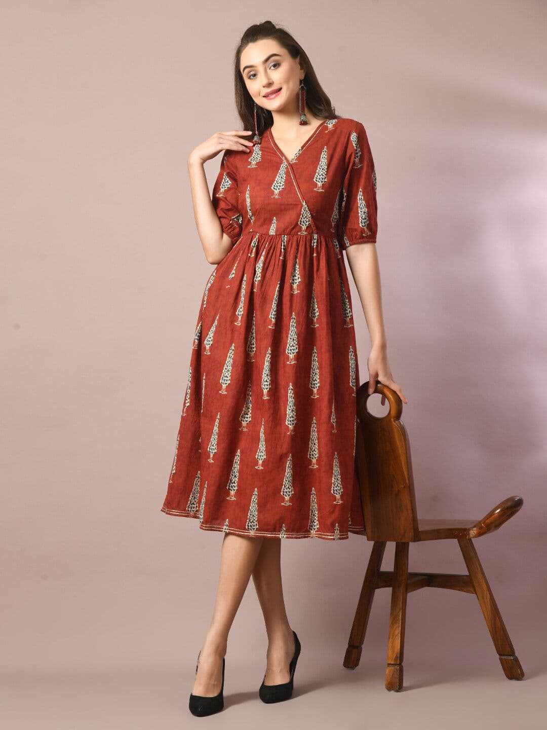 Sangria Ethnic Motifs Printed V-Neck Cotton Wrap Ethnic Dress - view 1