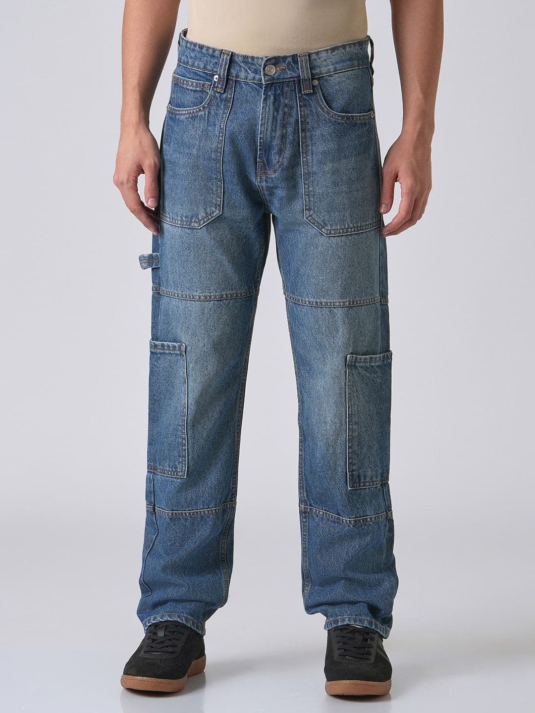 Banana Club Men Blue Jean Relaxed Fit Light Fade Clean Look Cotton Cargo Jeans - view 1
