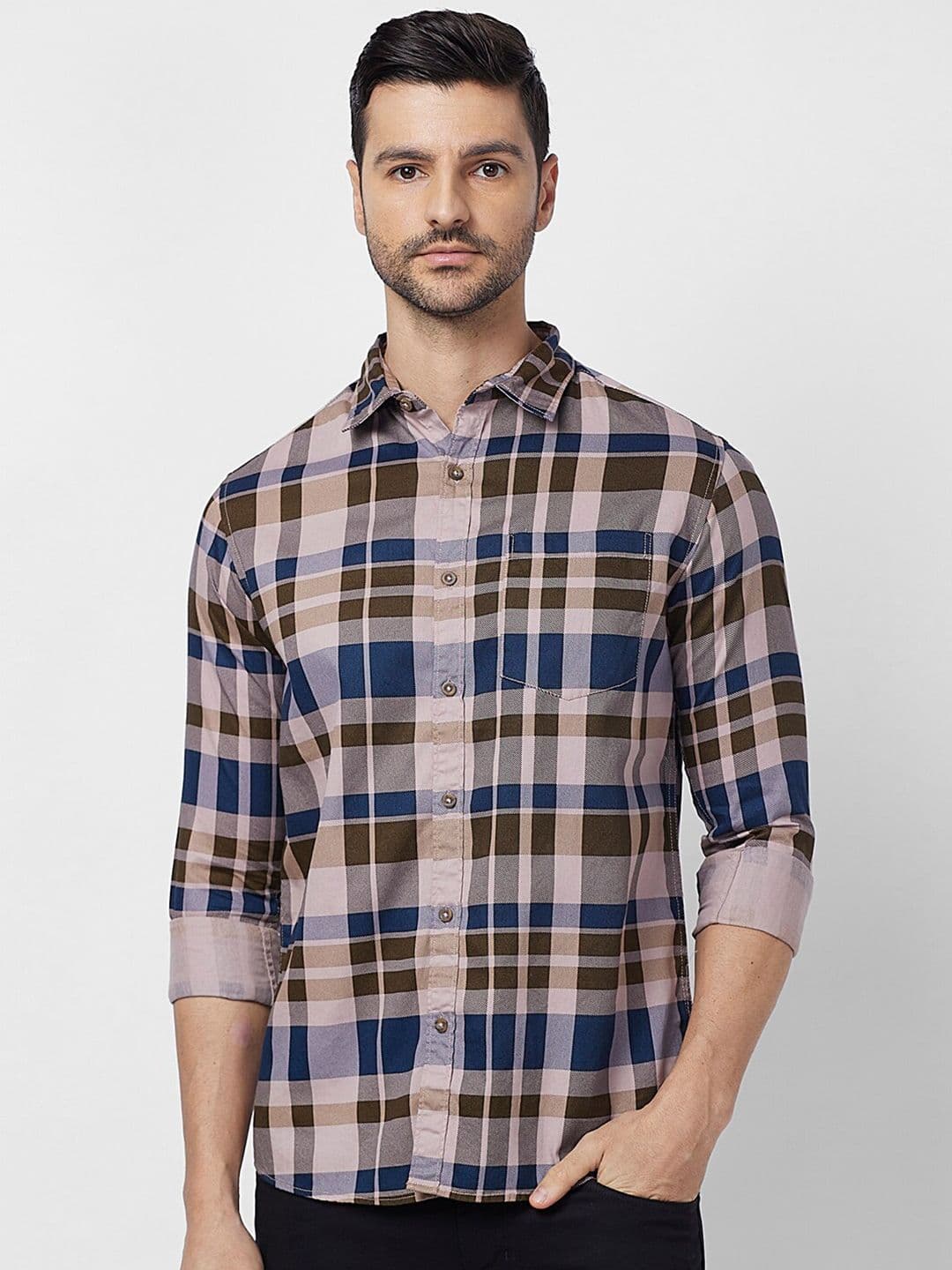 SNX Tailored Fit Tartan Checks Long Sleeves Spread Collar Opaque Checked Casual Shirt
